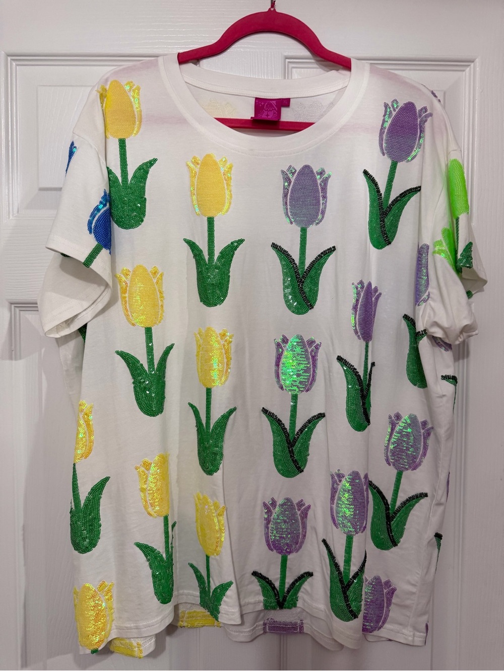 QUEEN OF SPARKLES White Tee with Yellow & Purple Sequin Tulips
